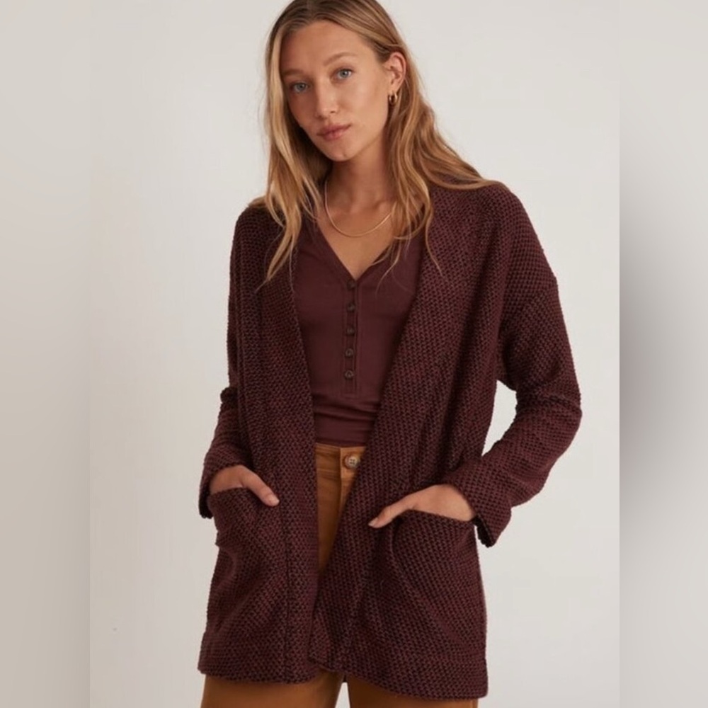 Marine Layer Birdseye Cabincore Chunky Knit Open Front Cardigan French Roast L